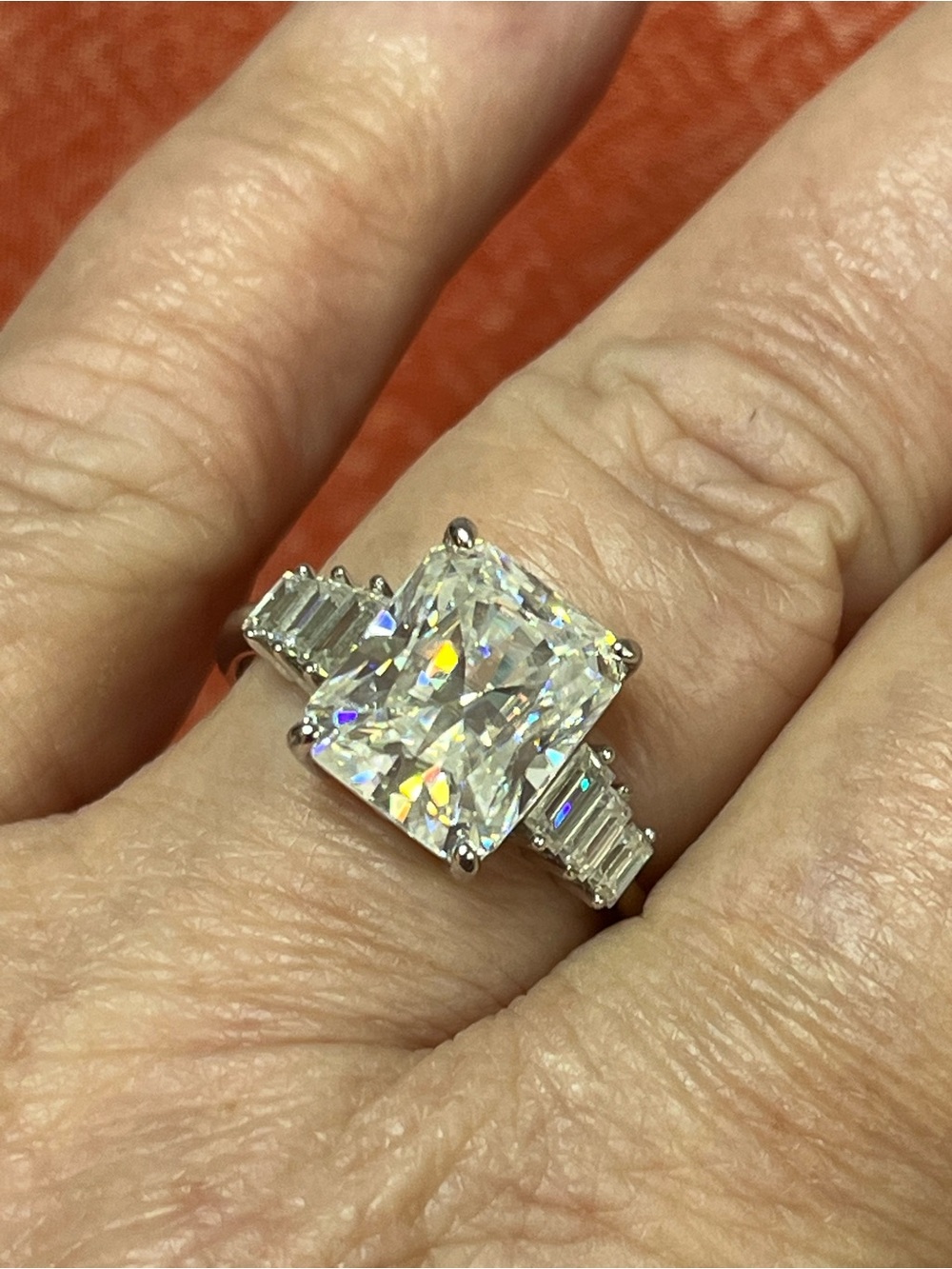 Classic Radiant Cut Moissanite 5ctw Ctr Stone Ring w/Baguettes in 925 SS- Sz9